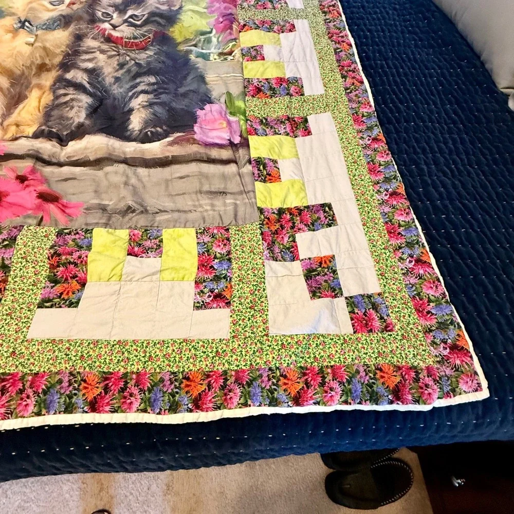 Quilt Two Adorable Kittens Pink Flowers Log Cabin Design Cozy Blanket 64